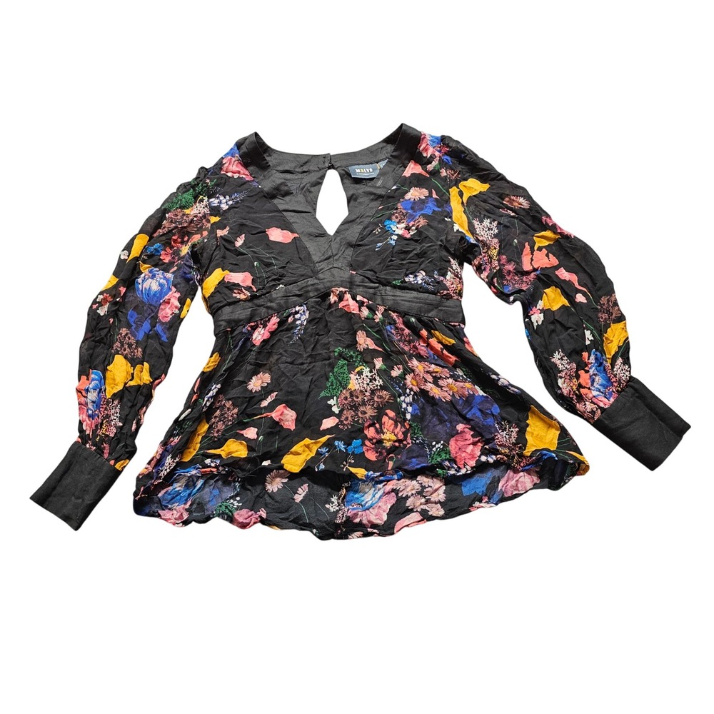 Maeve Anthropologie Floral Empire Waist Blouse 8 Black Multi V-Neck Long Sleeve
